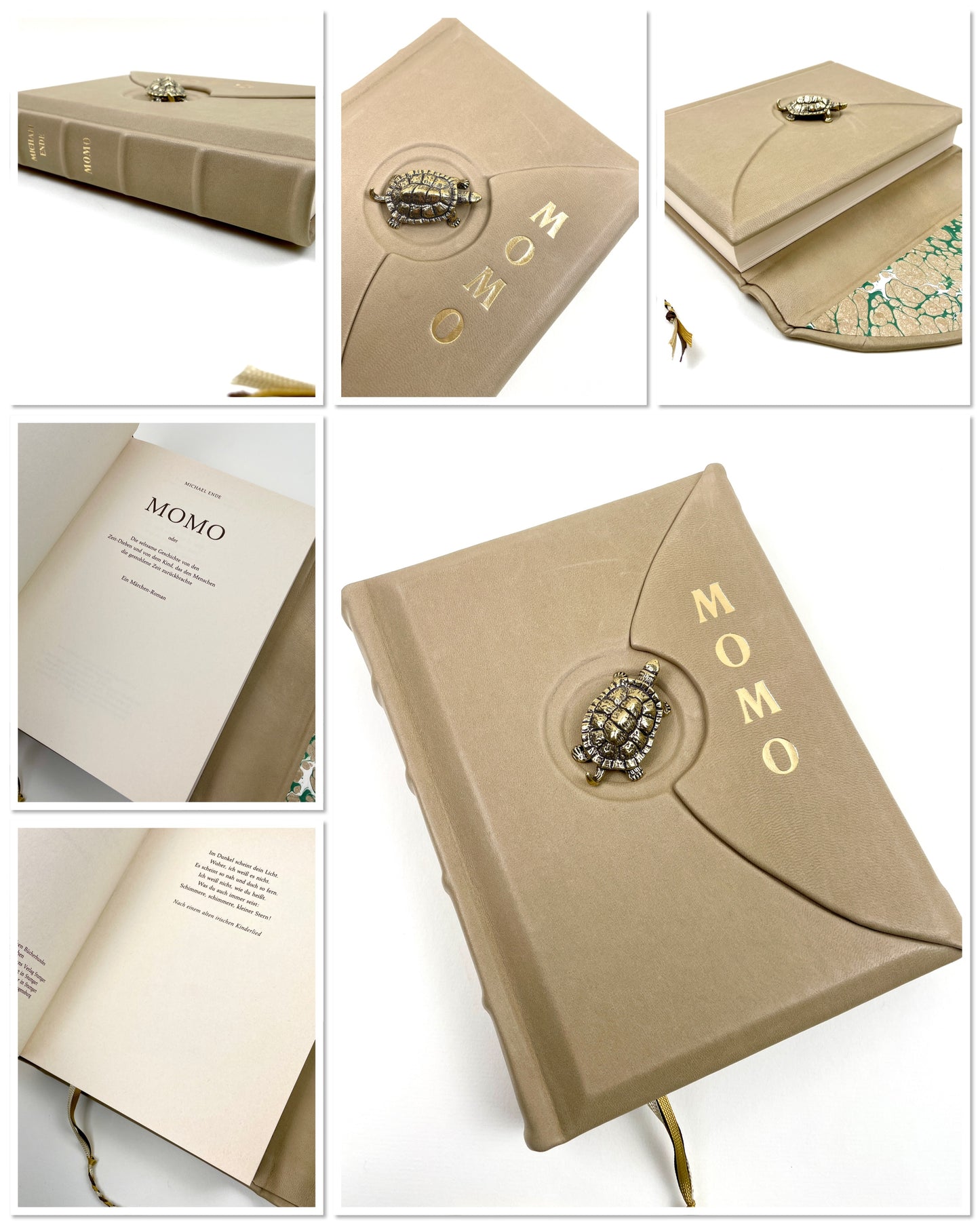 Momo - beiger Ledereinband - mit Klappe und Messingschildkröte