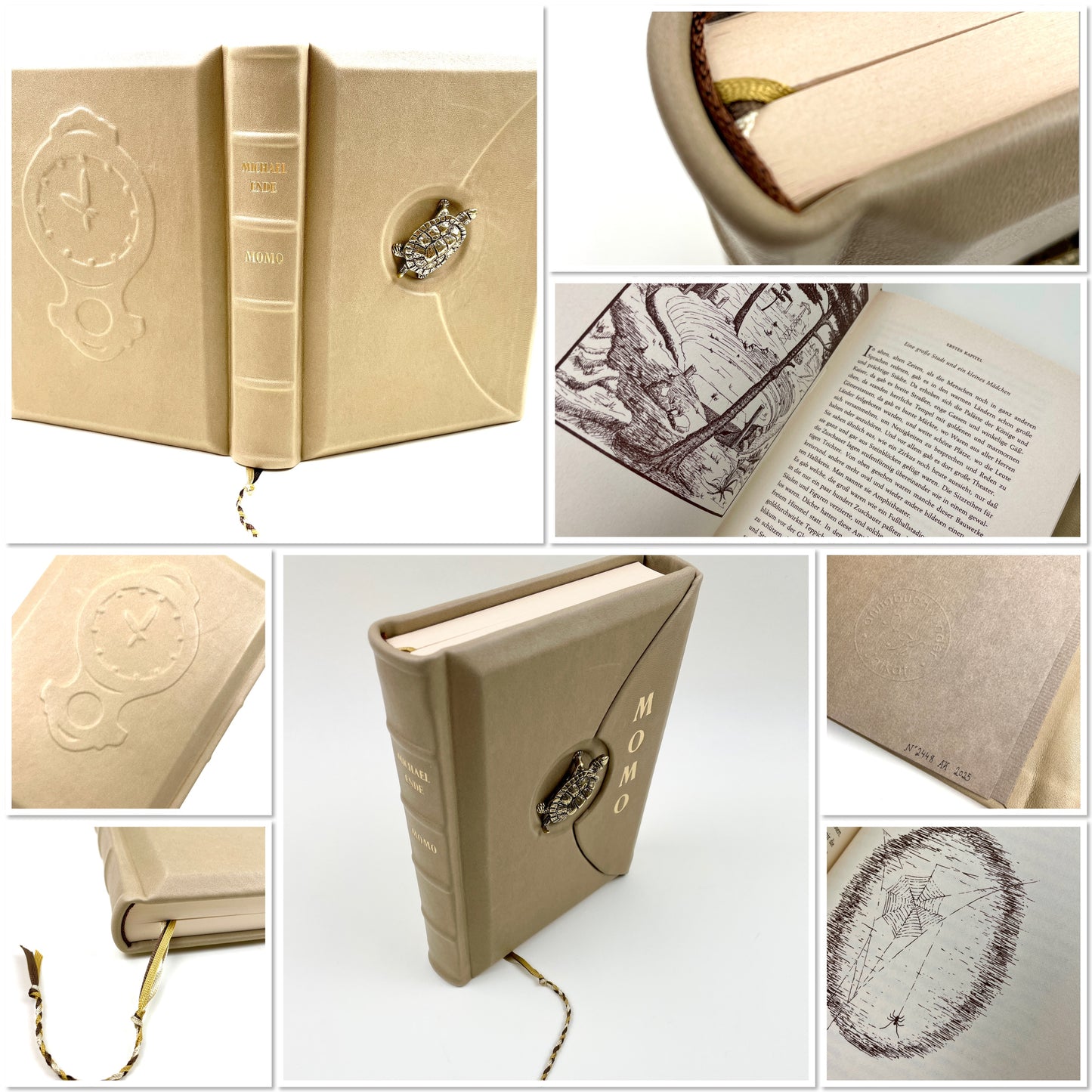 Momo - beiger Ledereinband - mit Klappe und Messingschildkröte